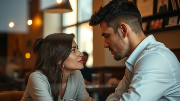Couple on date, romantic cafe atmosphere and conversation