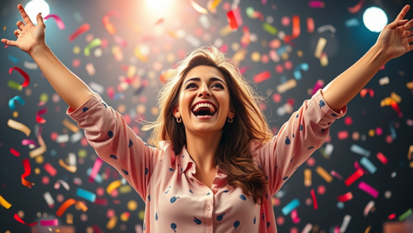 Woman Celebrating with Confetti in the Air Joyfully
