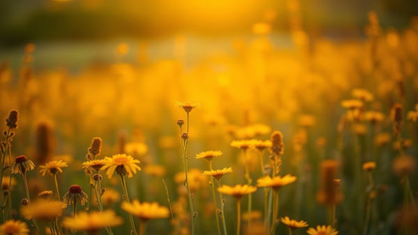golden hour yellow flowers field peaceful nature background