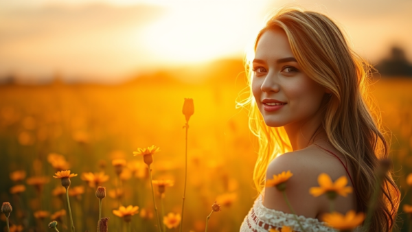 Woman in flower field at sunset, golden hour portrait illustration