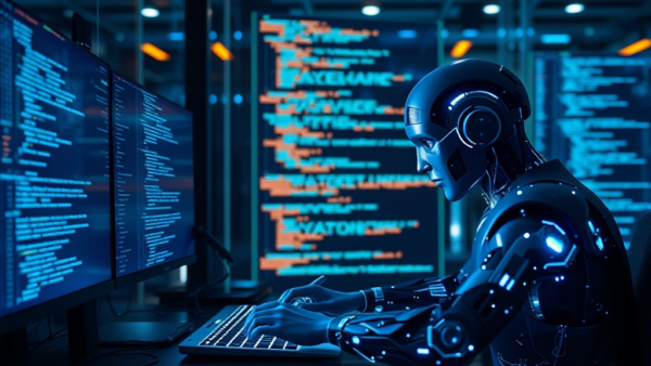 Robot coding on computer, AI technology, futuristic dark blue digital art