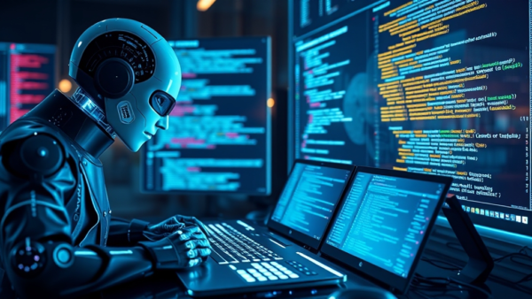 Robot programmer working on complex code on multiple computer screens