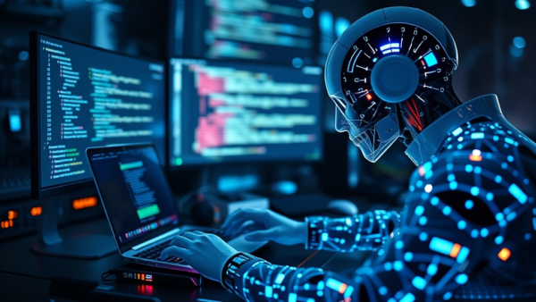 AI robot coding on laptop with multiple screens of code