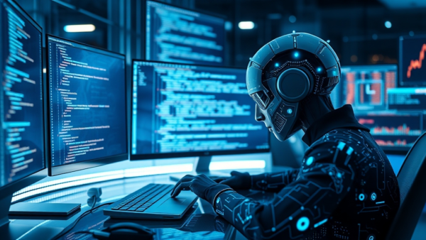 AI coder robot at computer screens with code