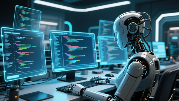 Robot coder working at multiple computer screens with code