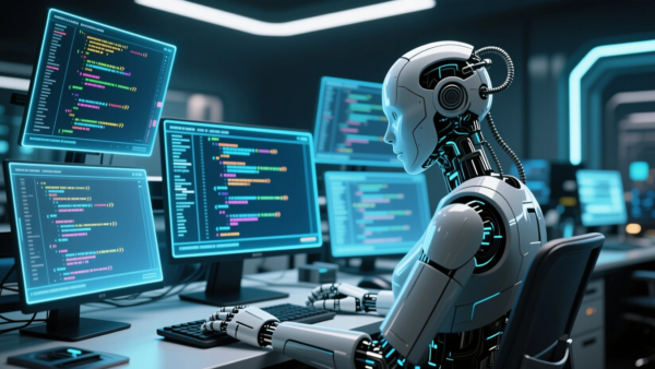 Robot coding on computer screens, futuristic technology illustration for tech websites