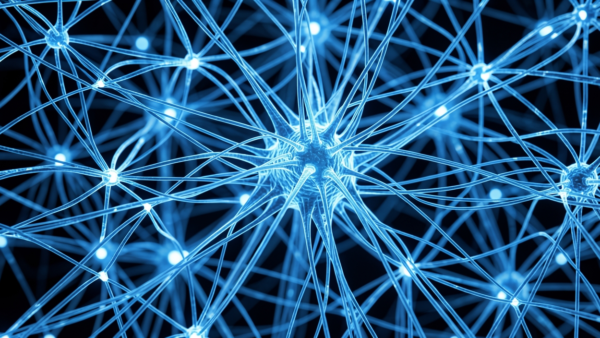 Neural network illustration glowing blue connections on black background science
