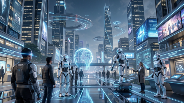 futuristic city robots ai technology digital interface people