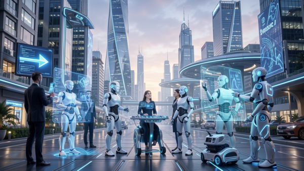 AI Robots in Futuristic Cityscape Meeting