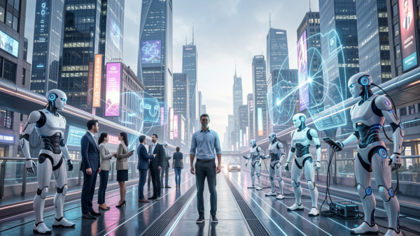 Robots and people in futuristic city with digital displays