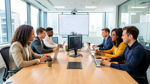 Team meeting with laptops and whiteboard in bright modern office