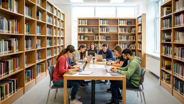 Students studying together in a bright library