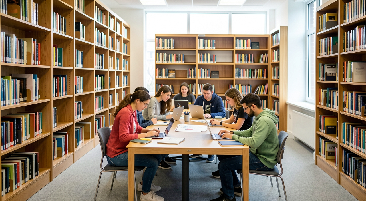 Serene library with students working together on a project