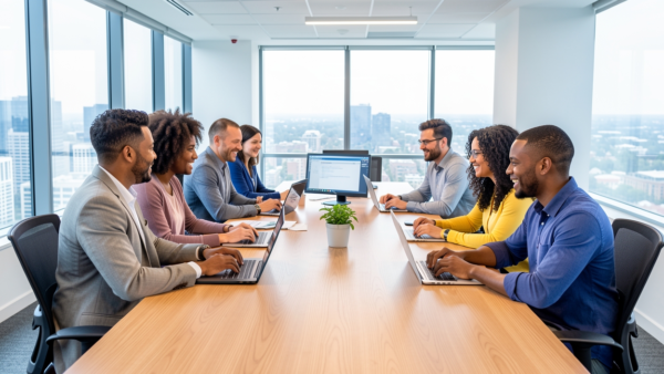 Business team meeting in modern office with laptops and city view
