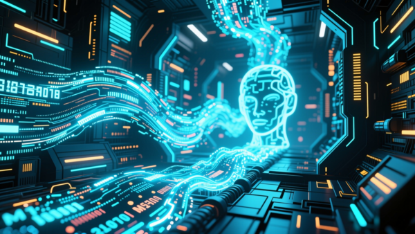 Digital AI head with glowing circuits data flow science fiction background