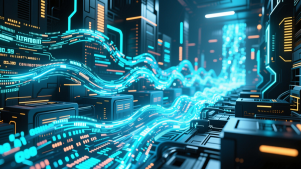 Digital network data flow with blue neon lines and circuits