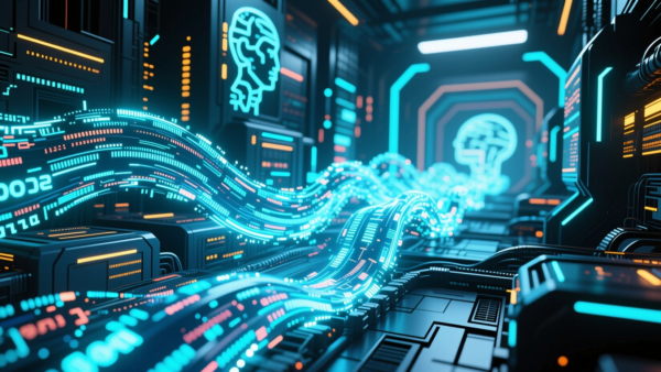 Futuristic AI data stream visualization with glowing digital brain icons