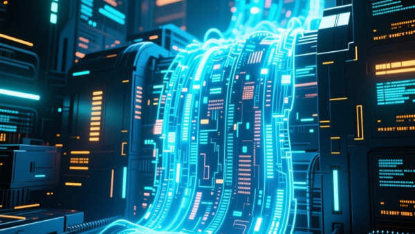 Abstract data stream flow with glowing futuristic circuits and city background