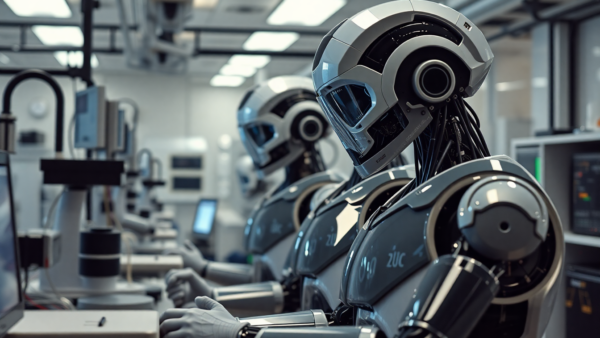 Robots working in a futuristic lab environment with advanced technology
