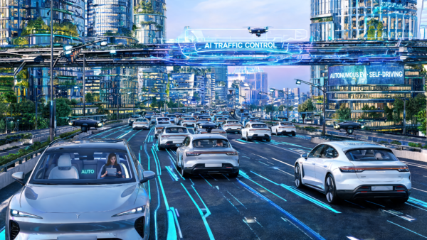 Futuristic City Self-Driving Cars AI Traffic Control Drone System
