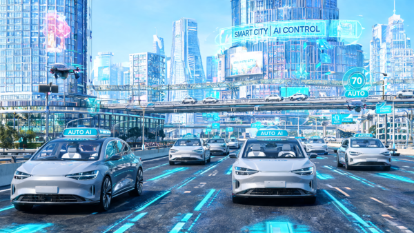 Smart city auto AI driving on futuristic roads with drones