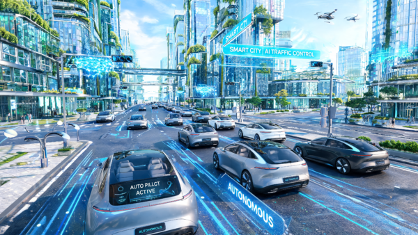 Future smart city autonomous cars driving on blue light roads with drones flying