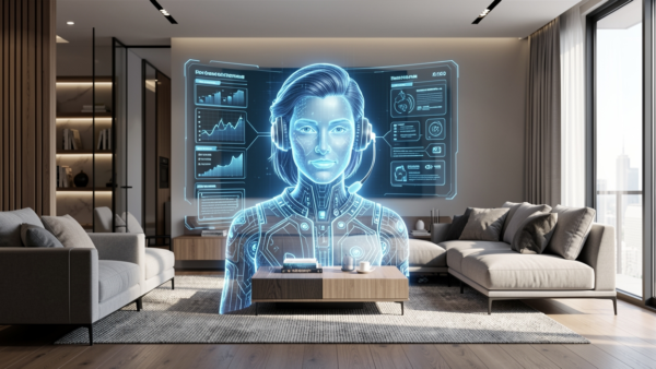 AI assistant concept hologram with data charts in modern living room