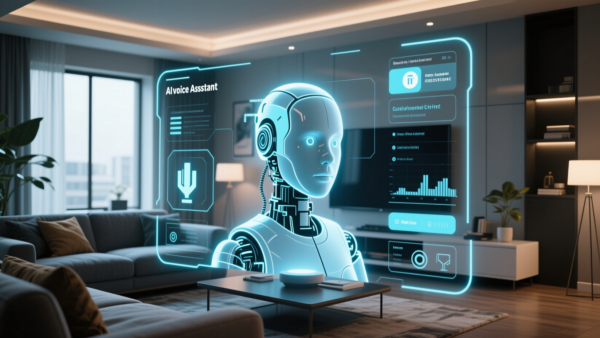 AI voice assistant hologram in modern living room futuristic technology