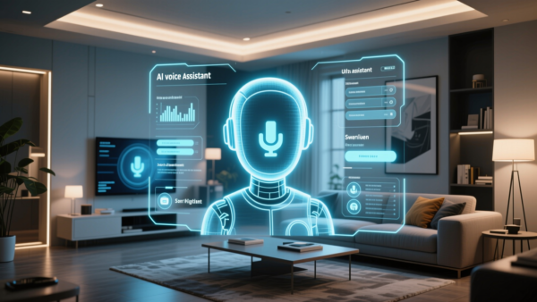 AI voice assistant hologram in modern living room for tech displays