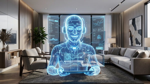 Holographic AI assistant with data screens for modern tech concepts