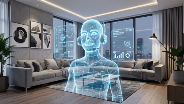 AI assistant concept futuristic hologram in modern living room technology visualization