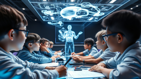 Science kids learning futuristic technology in classroom
