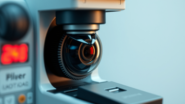 Close up of modern camera lens with red light and digital display