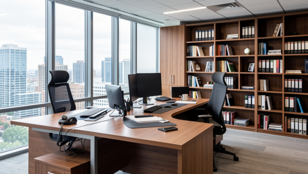 Modern office setup with city view and bookshelf