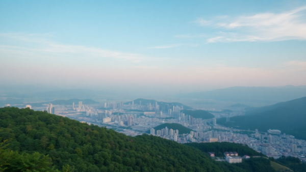 Cityscape mountains view modern city buildings nature green trees landscape