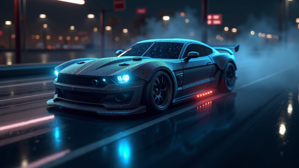 Cyberpunk car on wet street at night, futuristic vehicle