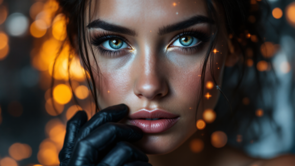 Glamorous Woman with Blue Eyes and Black Gloves Close Up