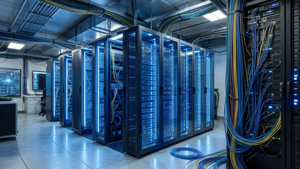 Server Room Data Center Blue Lights Cables Technology Rack