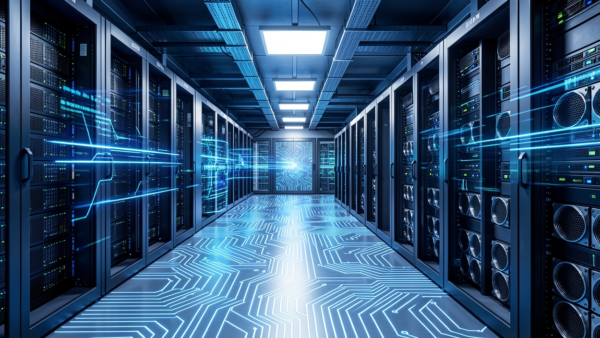 Server room futuristic glowing data flow technology network digital abstract