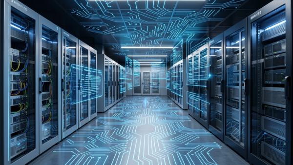 Data center server room with blue glowing circuit lines and data screens