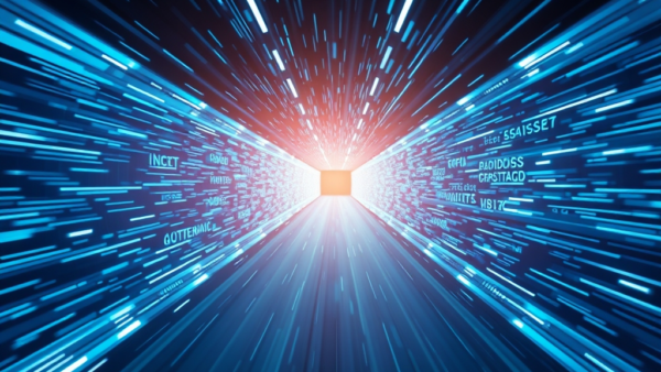 AI neural network visualization blue data highway fast motion digital background