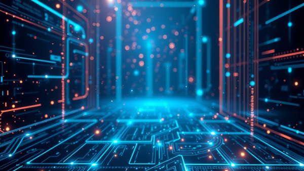 Digital network circuit board tech background with blue and orange lights