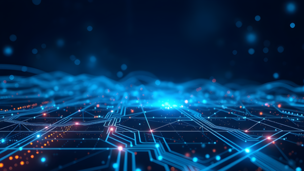 Circuit board network technology background with blue and orange glowing lights