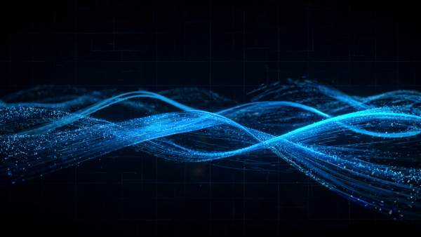 Blue abstract data streams flowing with light particles on a grid background