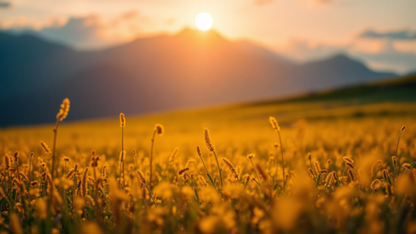 golden field grass sunset mountains nature landscape illustration